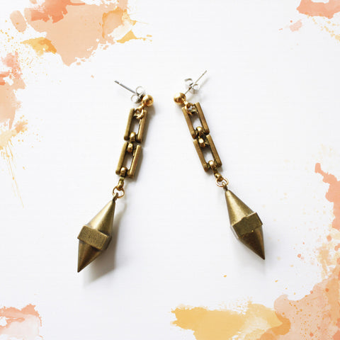 Vintage Brass Chain and Machined Pendant Earrings