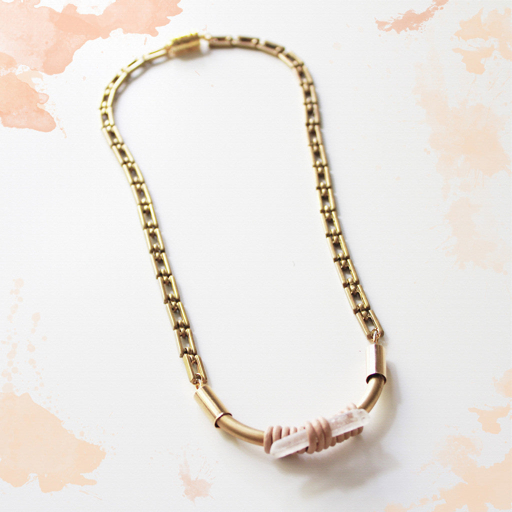 Brass and Leather Wrapped Quartz with Vintage Chain Necklace